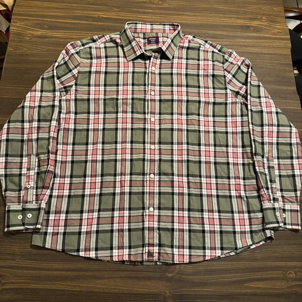 UNTUCKit Button Down Shirt Men's 2XL Long Sleeve Green Pink Plaid Relaxed Fit